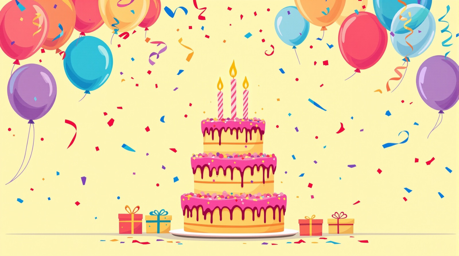 Birthday cake with lit candles surrounded by balloons and confetti