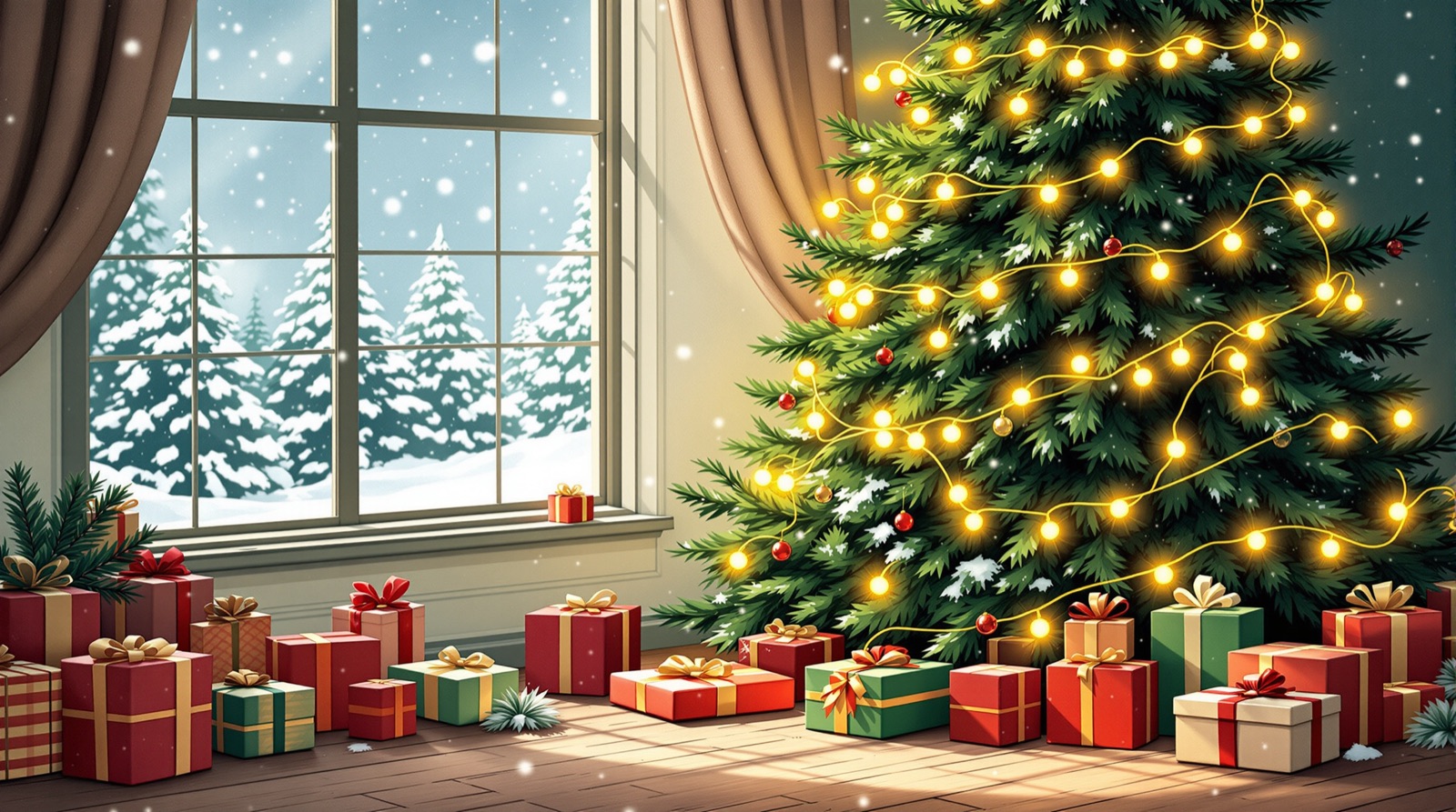 Decorated Christmas tree with glowing lights and presents beside a snowy window