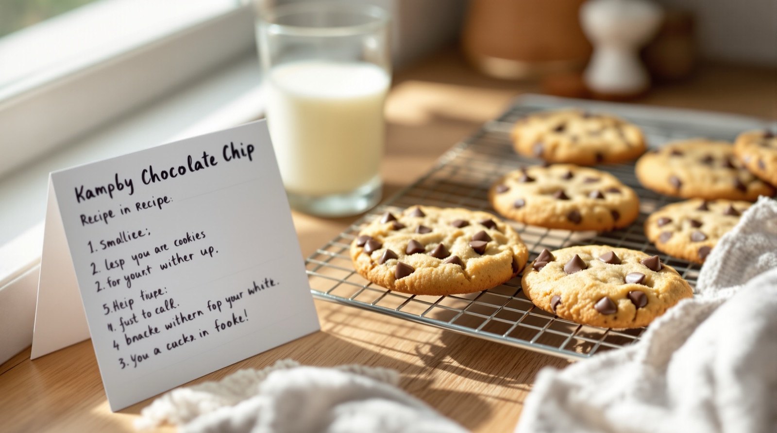 Fresh chocolate chip cookies cooling on a rack beside a recipe card and glass of milk