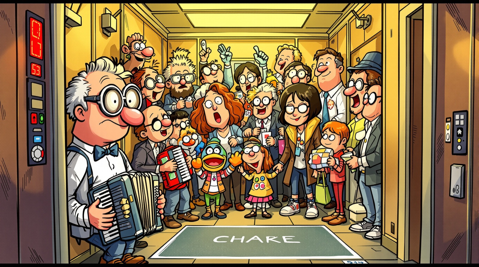 Cartoon of a crowded elevator full of people doing silly things