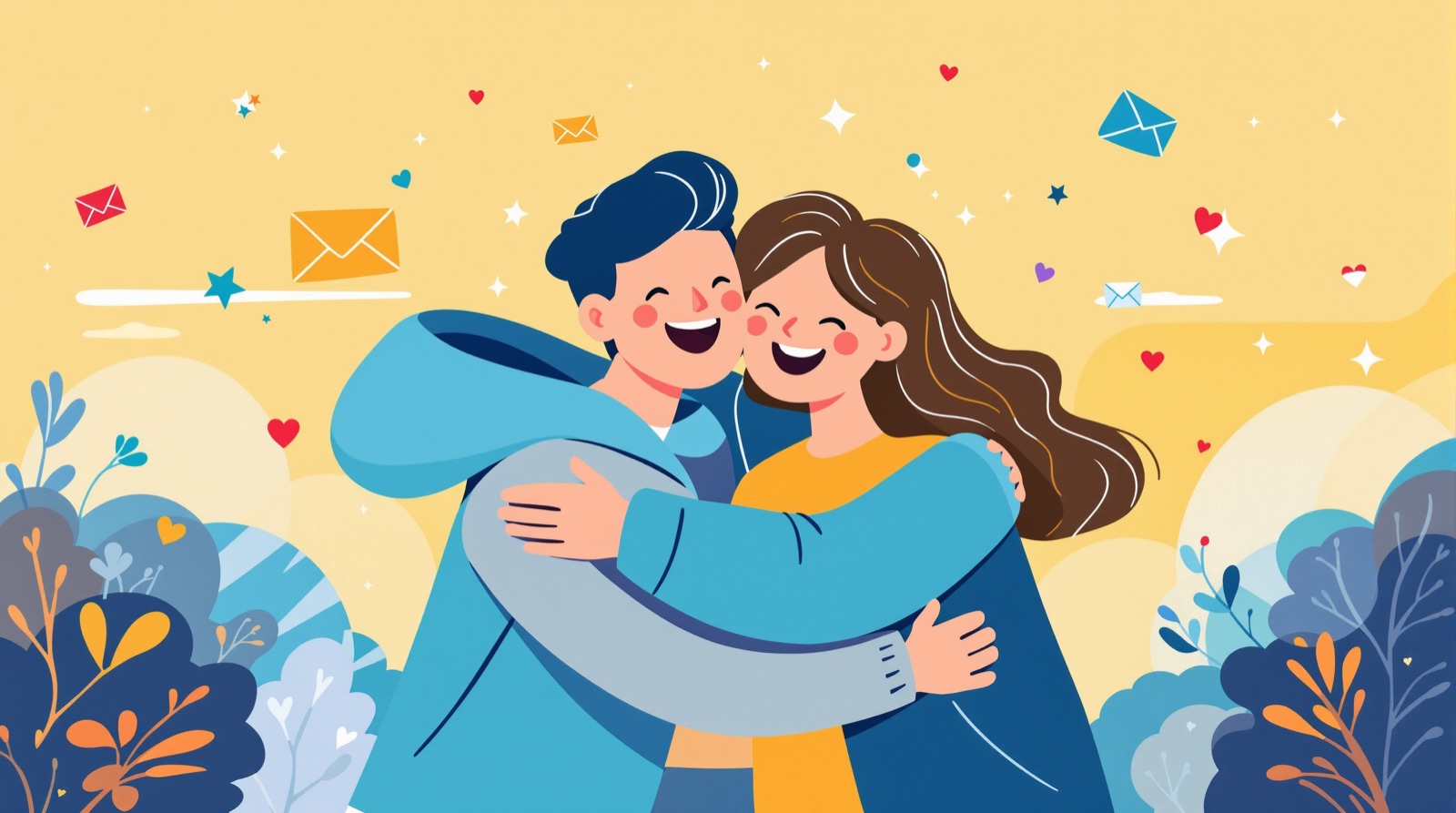 Two friends hugging surrounded by floating envelopes and hearts