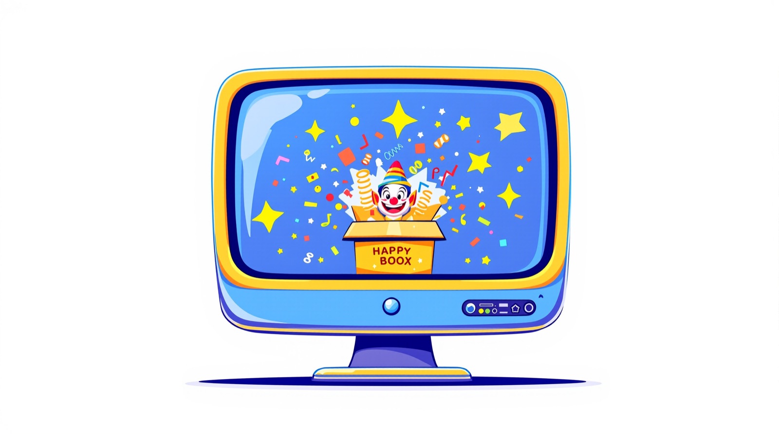Retro computer with confetti and a jack-in-the-box bursting from the screen