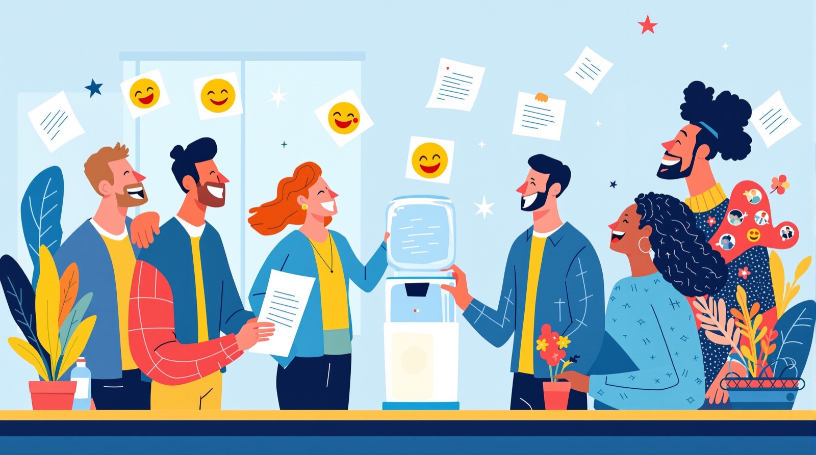Office workers laughing together around a water cooler