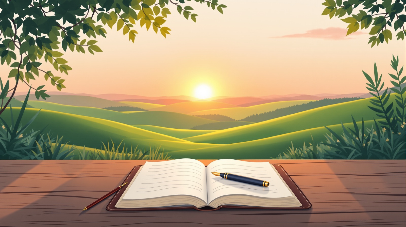 Open journal and pen on a table overlooking a sunrise over rolling hills