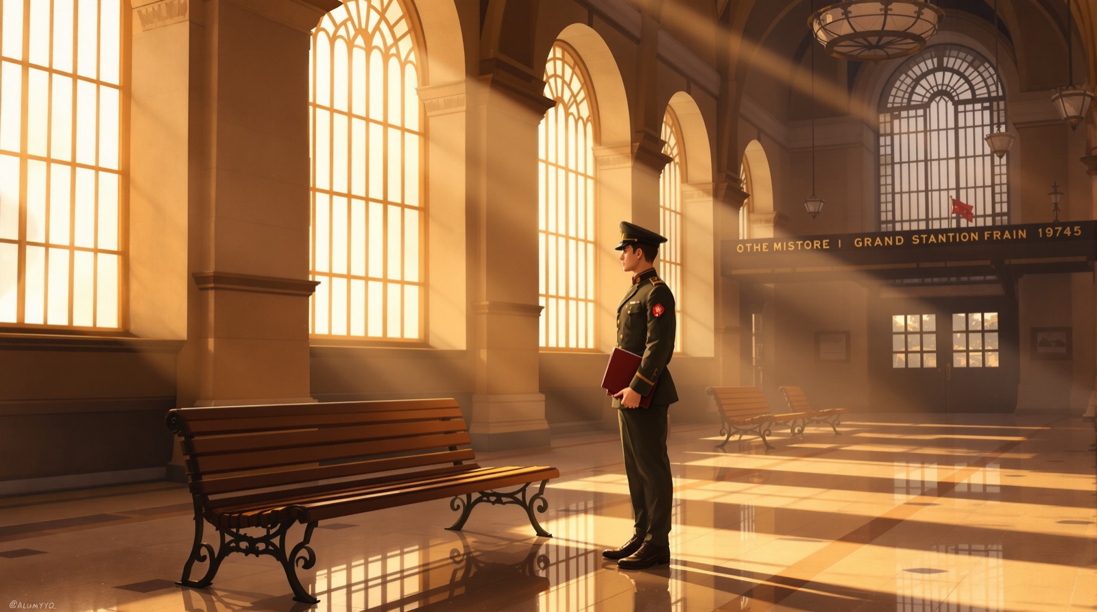 A 1940s soldier holding a book and a red rose in a grand train station