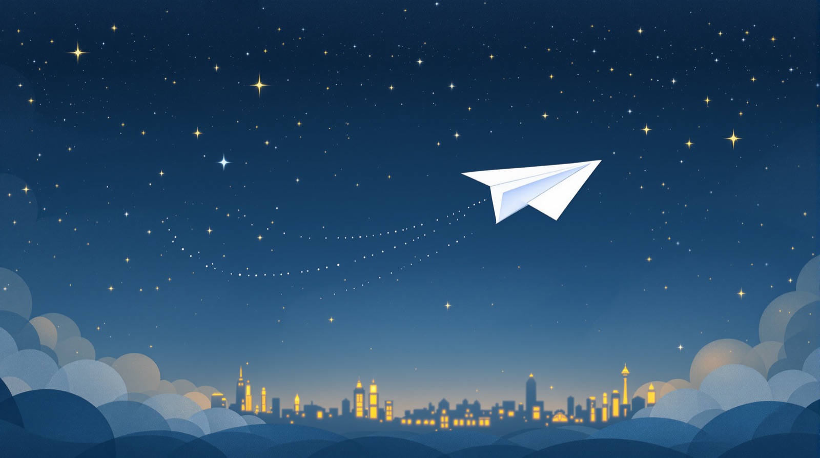 Paper airplane carrying an envelope across a starry sky between two cities