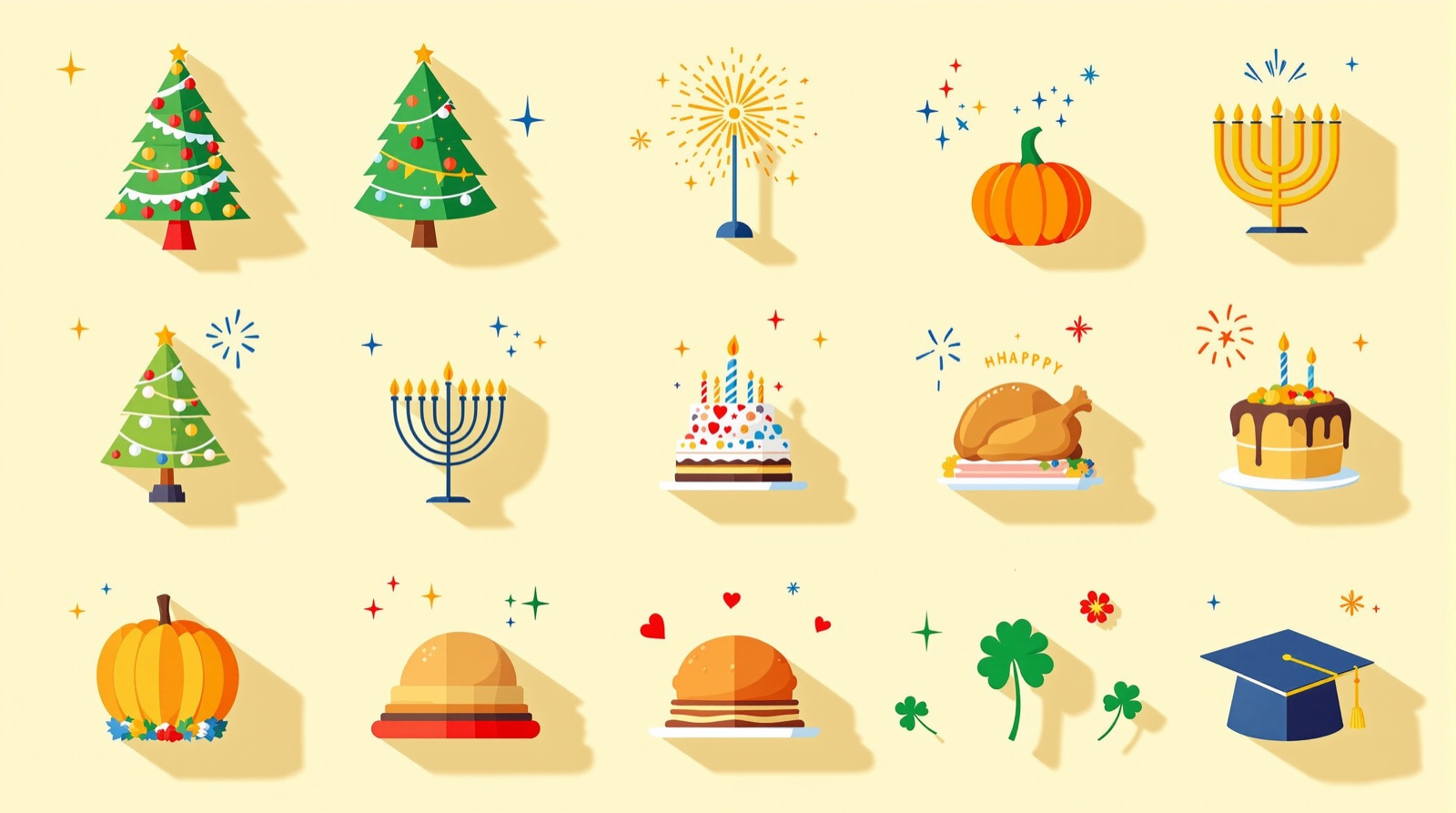 Grid of colorful holiday icons including Christmas tree, pumpkin, fireworks and graduation cap