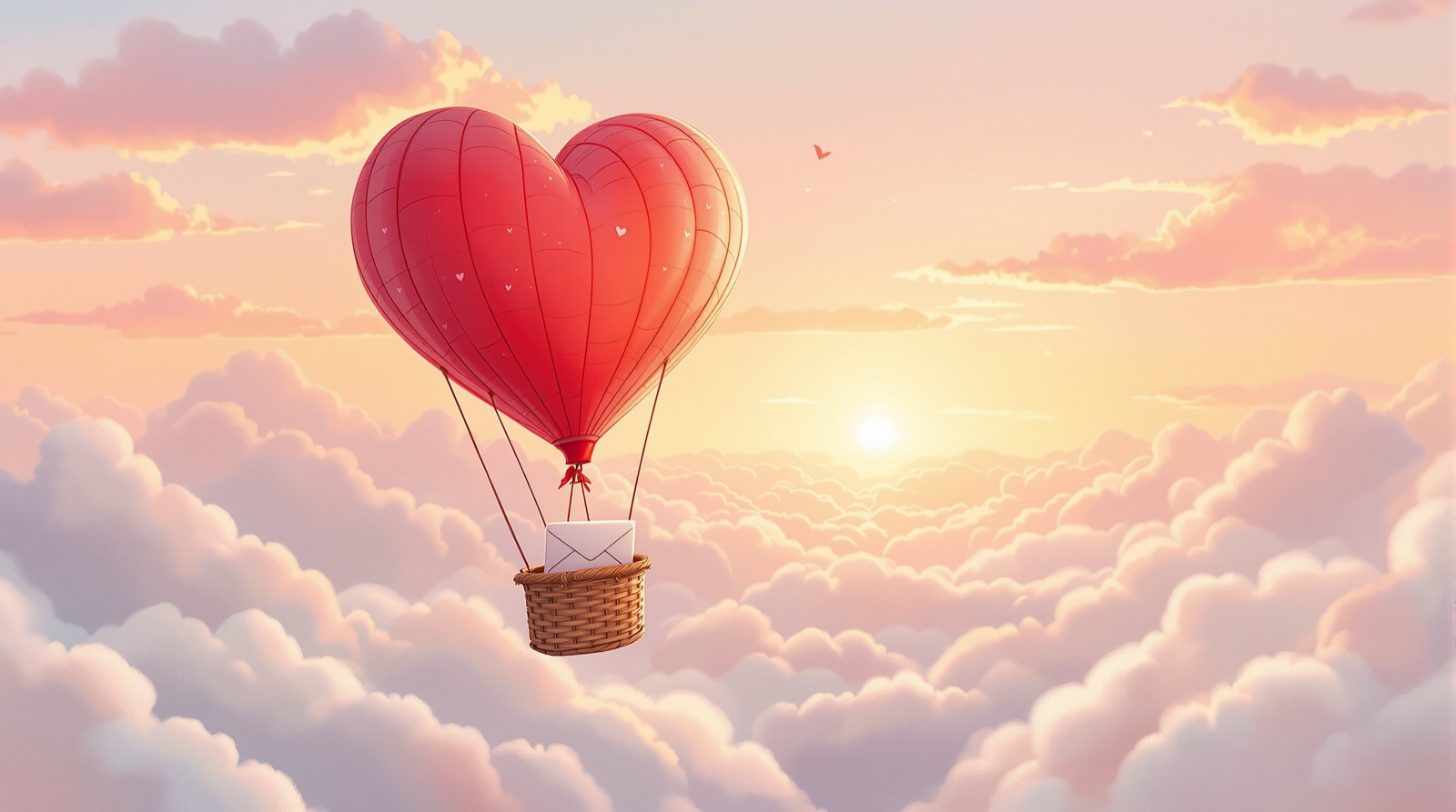 Heart-shaped hot air balloon carrying a love letter over pink clouds
