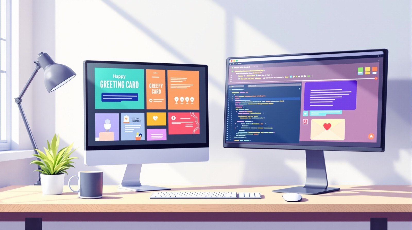 Developer workspace with monitors showing greeting card website designs